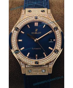 Hublot Classic Fusion Diamonds Rose Gold Blue Dial 38MM Swiss Replica Watch 1:1 Mirror Quality