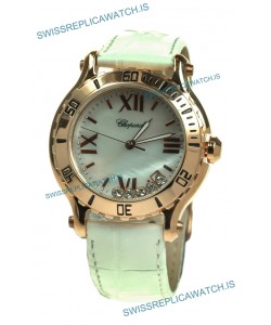 Chopard Happy Sport Diamonds Edition Replica Gold Watch in White Strap