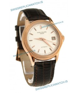 Patek Philippe Geneve Replica Pink Gold Watch in White Dial 