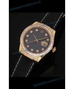 Rolex DateJust Japanese Mens Replica Yellow Gold Watch in Black Mother of Pearl Dial