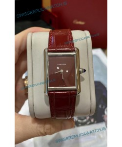 Must De Cartier Tank Edition Watch in 904L Stainless Steel Casing Maroon Dial