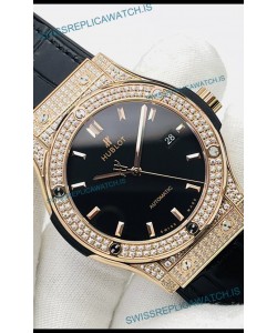 Hublot Classic Fusion Diamonds Rose Gold Black Dial Swiss Replica Watch 1:1 Mirror Quality 