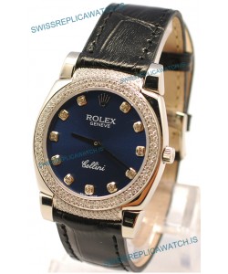 Rolex Cellini Cestello Ladies Swiss Watch in Dark Blue Face Diamonds Bezel and Lugs