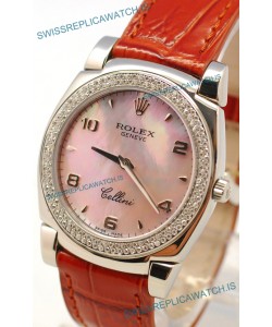 Rolex Cellini Cestello Ladies Swiss Watch in Pink Pearl Face Diamonds Bezel